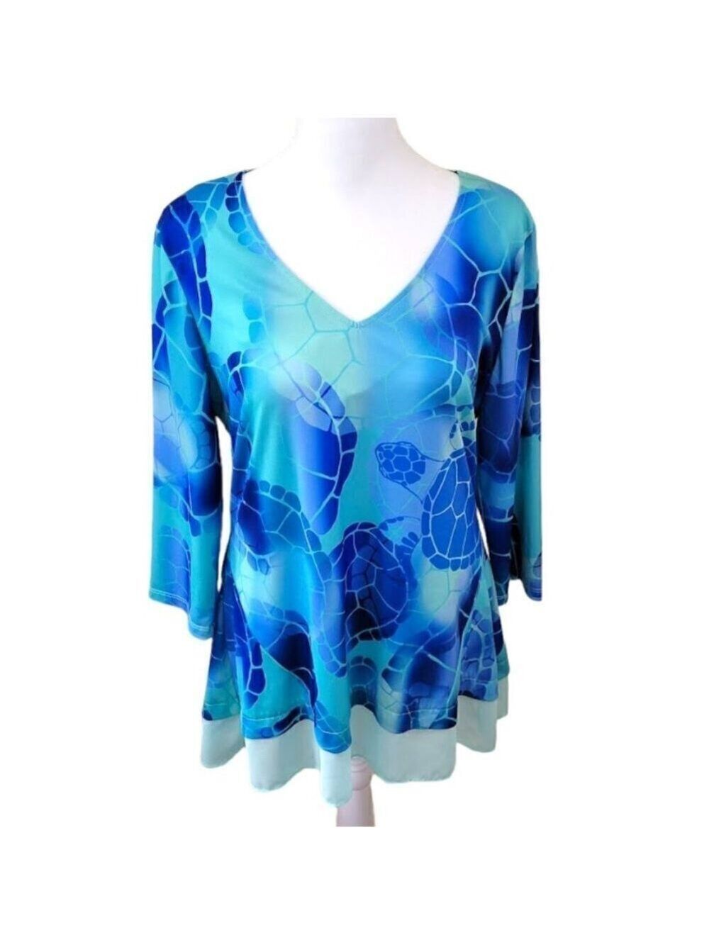 Kristine Blu&  Green Flowy Blouse V-Neck Tunic Top Women's Size S/M